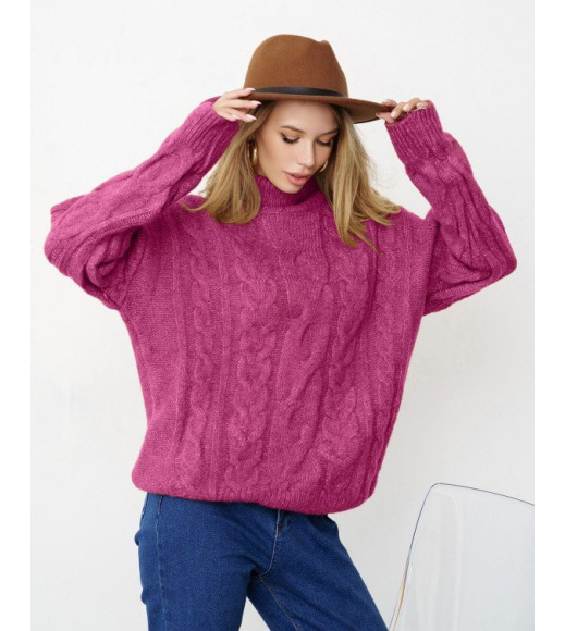 Фиолетовый шерстяной вязаный свитер с аранами