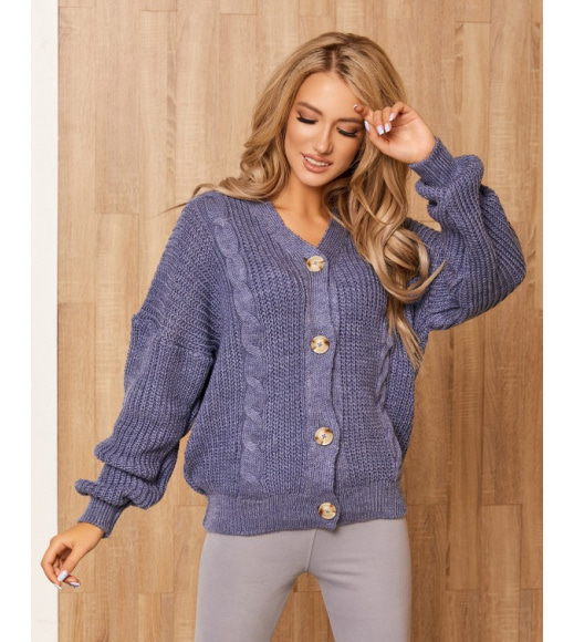 Синий шерстяной свитер комбинированной вязки