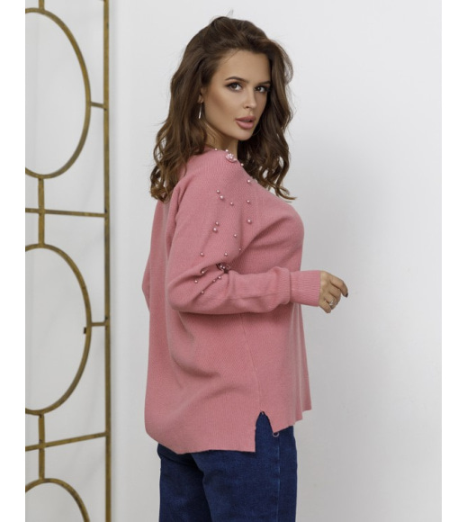 Розовый ангоровый свободный свитер с декором