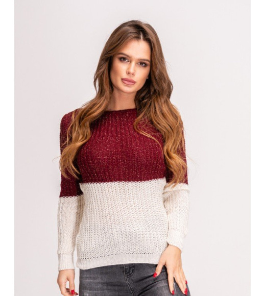 Бордово-білий в`язаний светр з люрексом