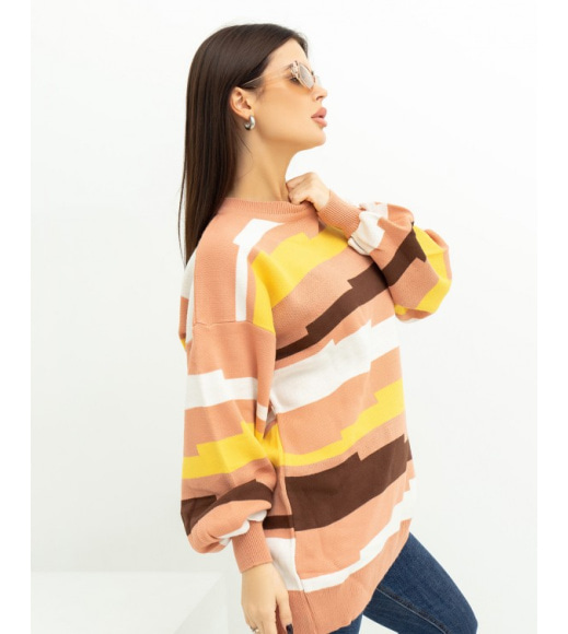 Бежевый удлиненный свитер с геометрическим декором