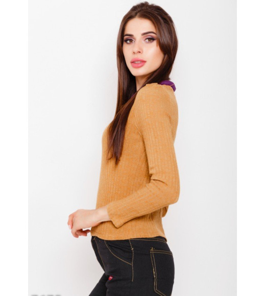 Гірчичний меланжевий фактурний светр з об`ємним кольоровим коміром