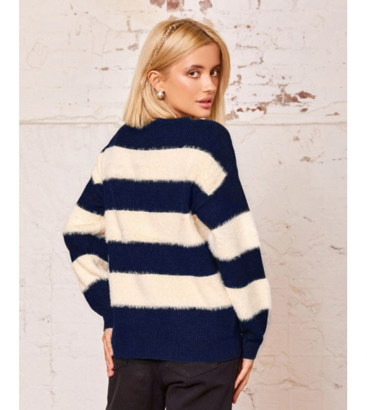 Синій комбінований смугастий светр