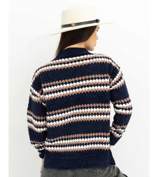Синій мохеровий светр із смугастим декором