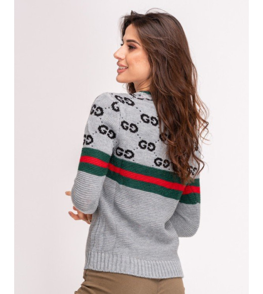 Серый свитер с лого и полосатыми вставками