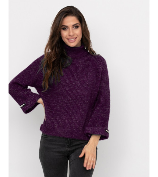 Фиолетовый свободный вязаный свитер-травка