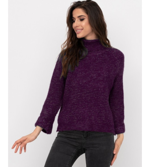 Фіолетовий вільний в`язаний светр-травичка