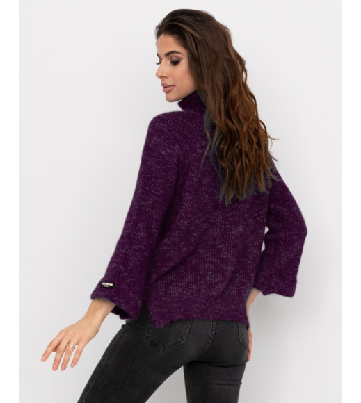 Фіолетовий вільний в`язаний светр-травичка