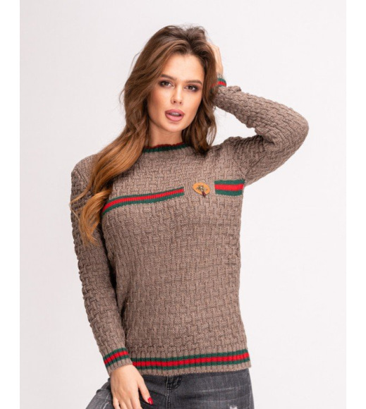 Коричневый шерстяной вязаный свитер с полосками и брошью
