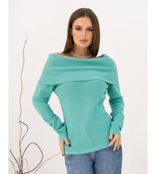 Бирюзовый ангоровый вязаный свитер с отворотом