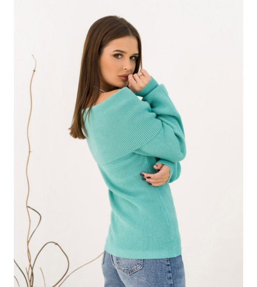 Бірюзовий ангоровий в`язаний светр з відворотом