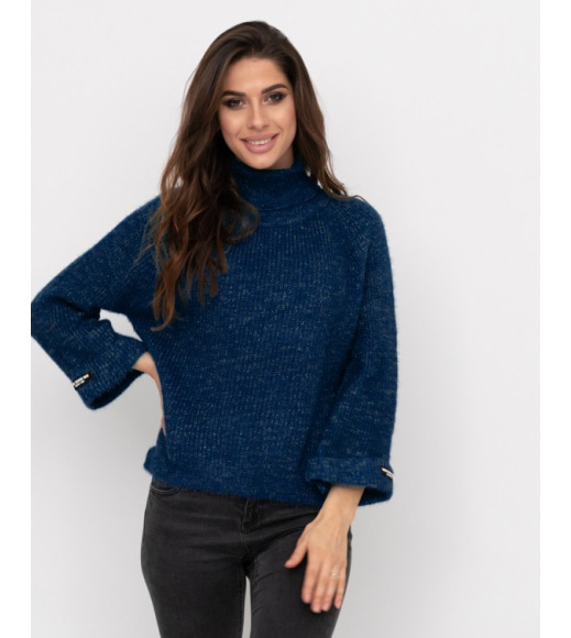 Вільний в`язаний светр-травичка синього кольору