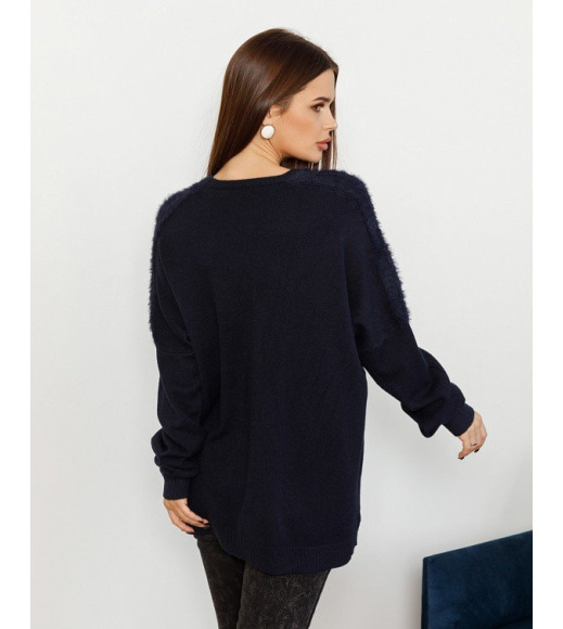 Темно-синий ангоровый свободный свитер с вставками