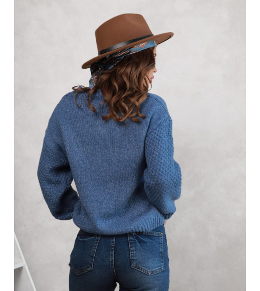 Синий шерстяной свитер комбинированной вязки