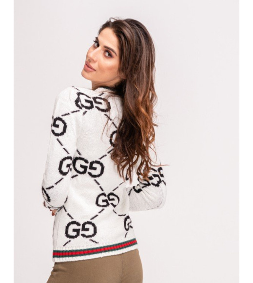Белый шерстяной свитер с лого и цветными манжетами