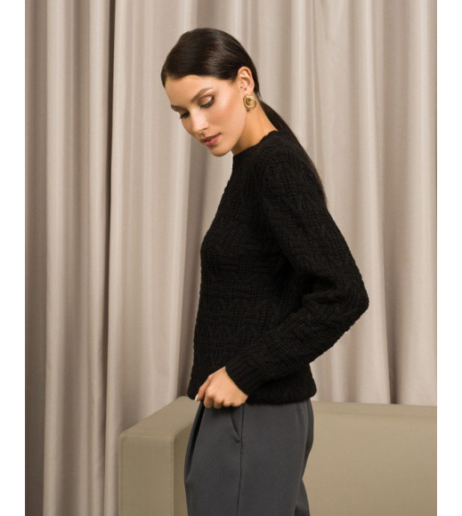 Черный шерстяной свитер с комбинированным узором