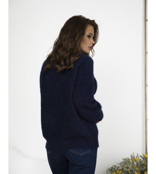 Темно-синій теплий светр об`ємної в`язки