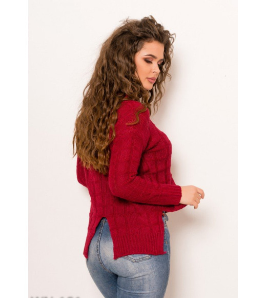 Бордовий в`язаний асиметричний светр з клином на спинці