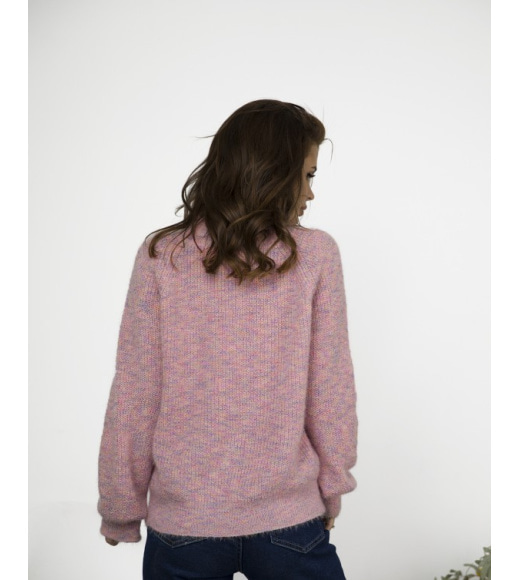 Розовый меланжевый вязаный свитер с высоким горлом
