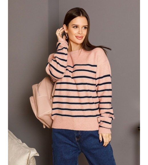 Рожево-синій в`язаний смугастий светр з люрексом