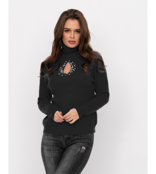Чорний вовняний светр з декоративним вирізом