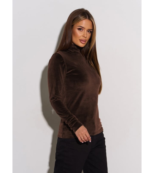 Темно-коричневая велюровая эластичная водолазка