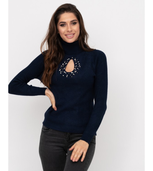 Темно-синий шерстяной свитер с декоративным вырезом