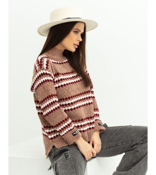 Бежевий мохеровий светр зі смугастим декором