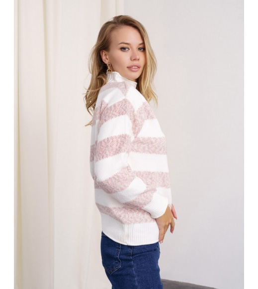 Бело-розовый теплый свитер с полосками