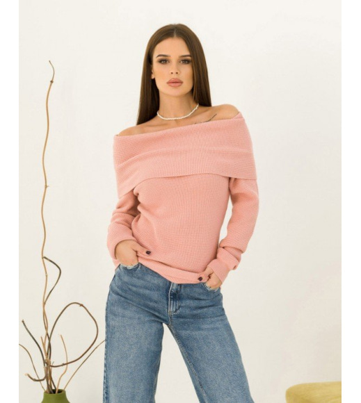 Розовый ангоровый вязаный свитер с отворотом
