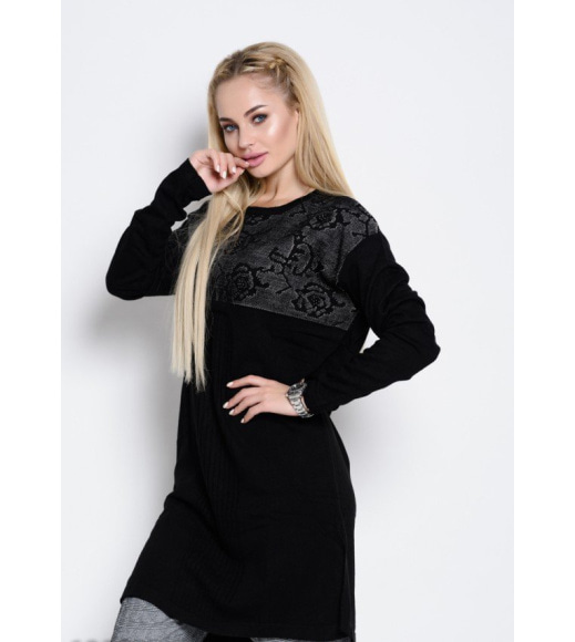 Черное шерстяное платье-свитер с перфорацией, бусинами и плиссировкой