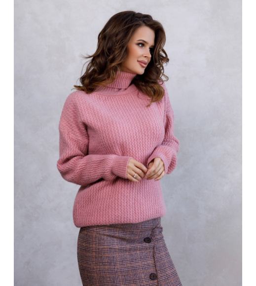 Розовый ангоровый вязаный свитер-гольф