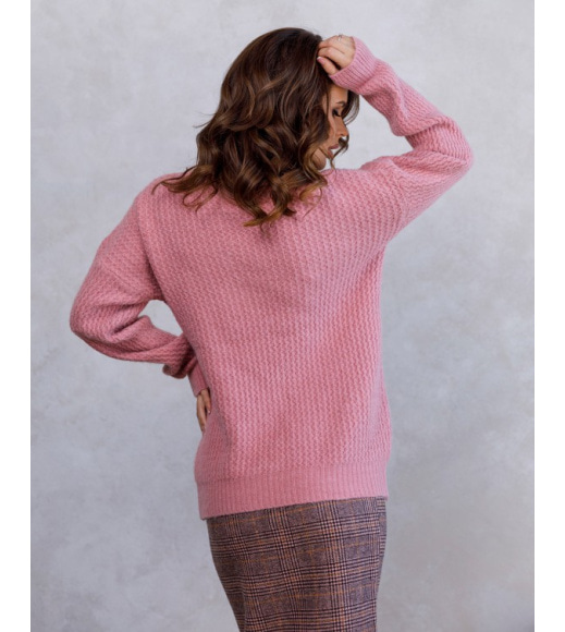 Розовый ангоровый вязаный свитер-гольф