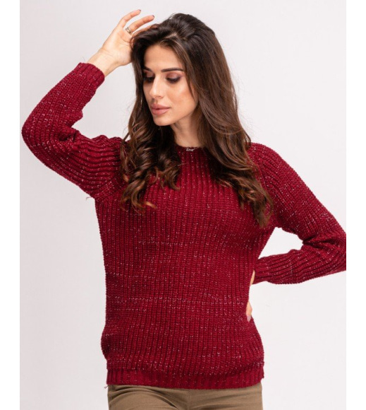 Бордовый свитер объемной вязки с люрексом
