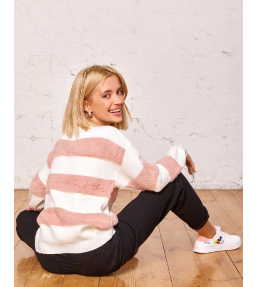 Біло-рожевий комбінований смугастий светр