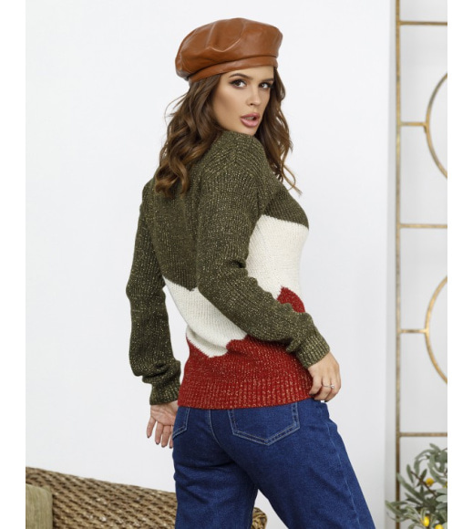 Теплый вязаный свитер цвета хаки с люрексом