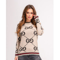 Бежевый шерстяной свитер с лого и цветными манжетами