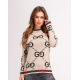 Бежевий вовняний светр з лого і кольоровими манжетами