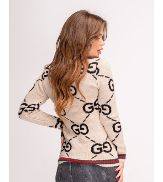 Бежевий вовняний светр з лого і кольоровими манжетами