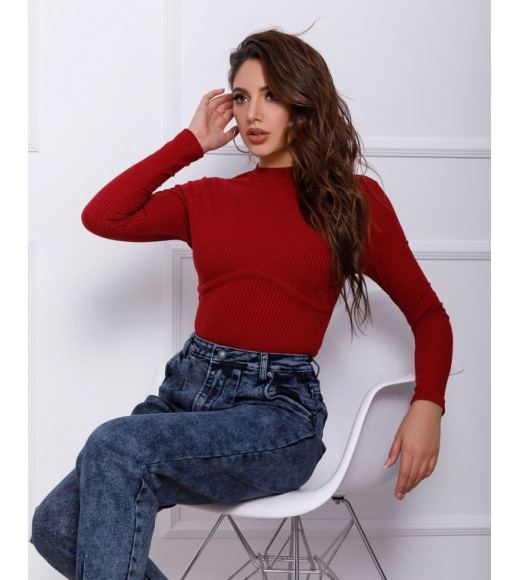 Бордовий трикотажний светр з фактурною вставкою