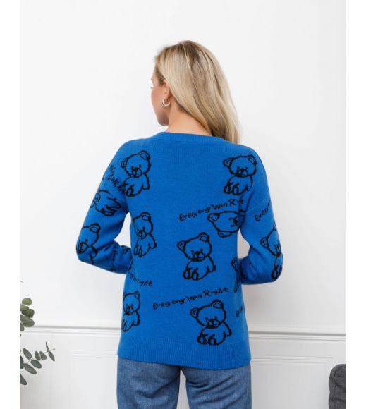 Синий шерстяной свитер с мишками