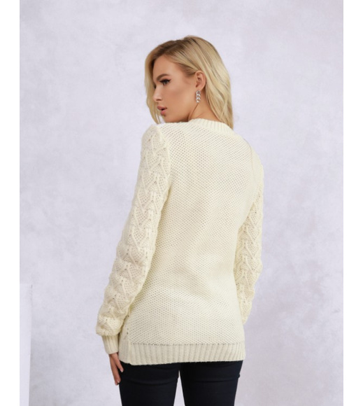 Молочный шерстяной вязаный свитер с манжетами