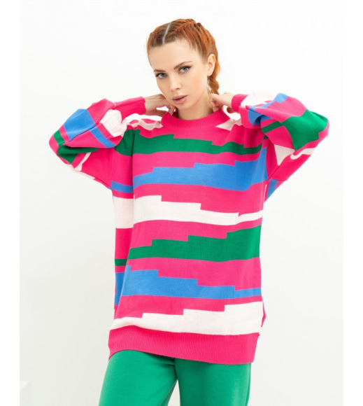 Малиновий подовжений светр із геометричним декором