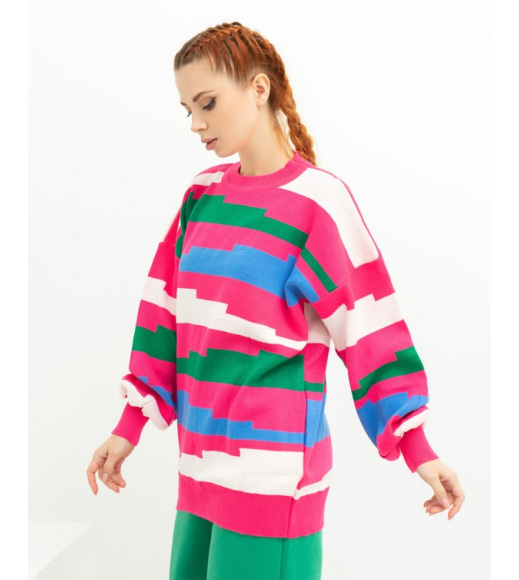 Малиновий подовжений светр із геометричним декором