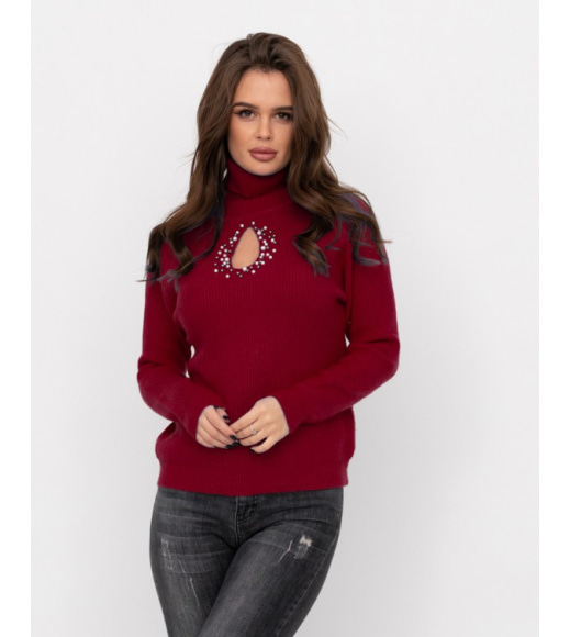 Бордовий вовняний светр з декоративним вирізом