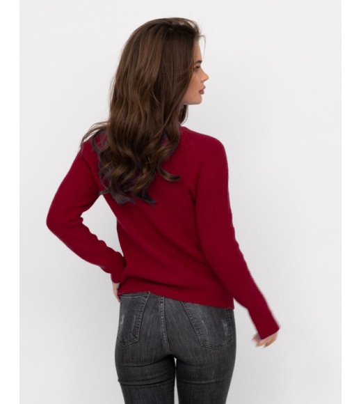 Бордовый шерстяной свитер с декоративным вырезом