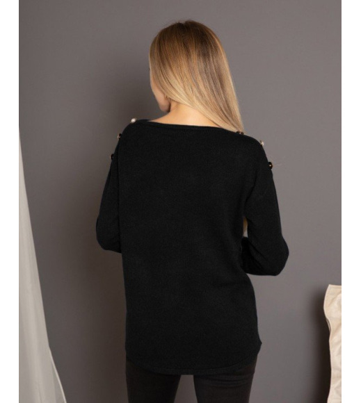 Черный ангоровый свитер с пуговицами на плечах