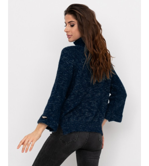 Темно-синій вільний в`язаний светр-травичка