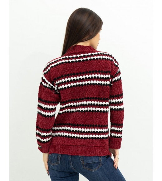 Бордовий мохеровий светр зі смугастим декором