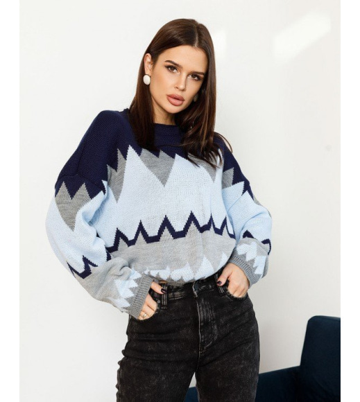 Темно-синій вовняний светр з геометричним візерунком